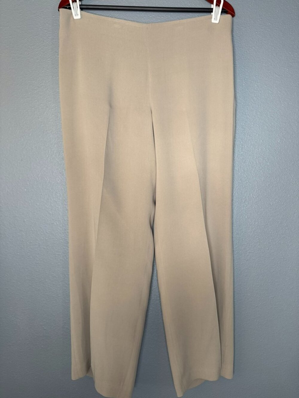 Eileen Fisher Pants Silk Stretch Womens L Beige Straight Leg Side Zip Trousers